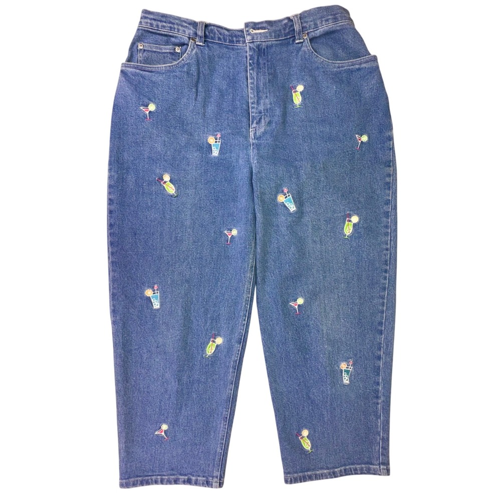 Quacker Factory Cocktail Embroidered Capri Jeans Size‎ 14 Y2K Novelty Drinks